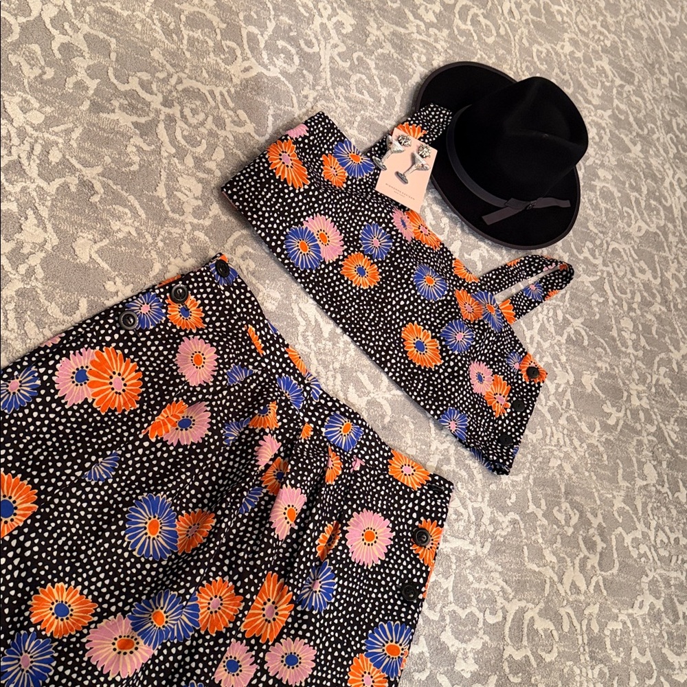 Floral Print Two-Piece Top/Pants Set - Black with Orange & Purple Flowers